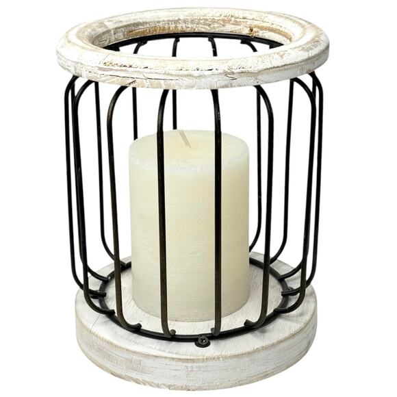 VTG Candle Holder w/ Candle White Wood Black Metal Bird Cage 7.5"Lantern Style - Picture 1 of 5